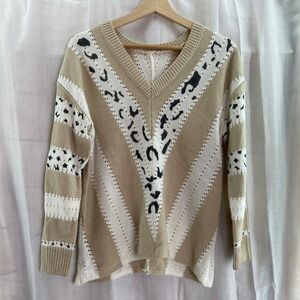 Womens Tan Animal Print V Neck Knit Sweater‎ Long Sleeve Pullover Top